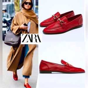 ZARA RED SOFT FLAT LEATHER LOAFERS